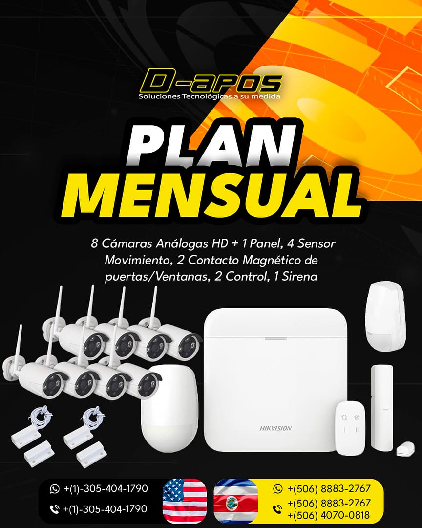 Plan mensual con 8 cámaras análogas HD, panel, sensores de movimiento, contactos magnéticos, controles y sirena