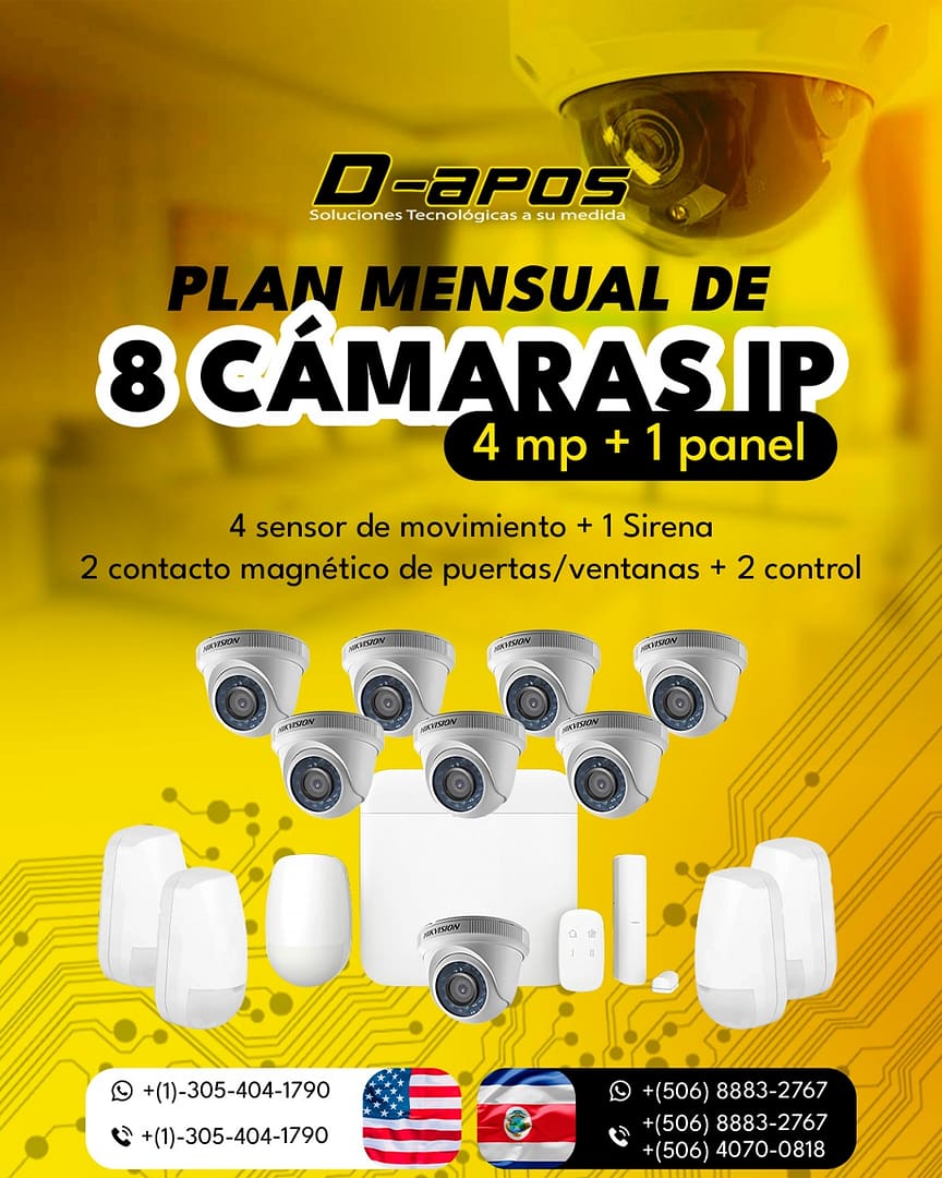 Plan mensual con 8 cámaras IP de 4 MP, panel, sensores de movimiento, contactos magnéticos, controles y sirena