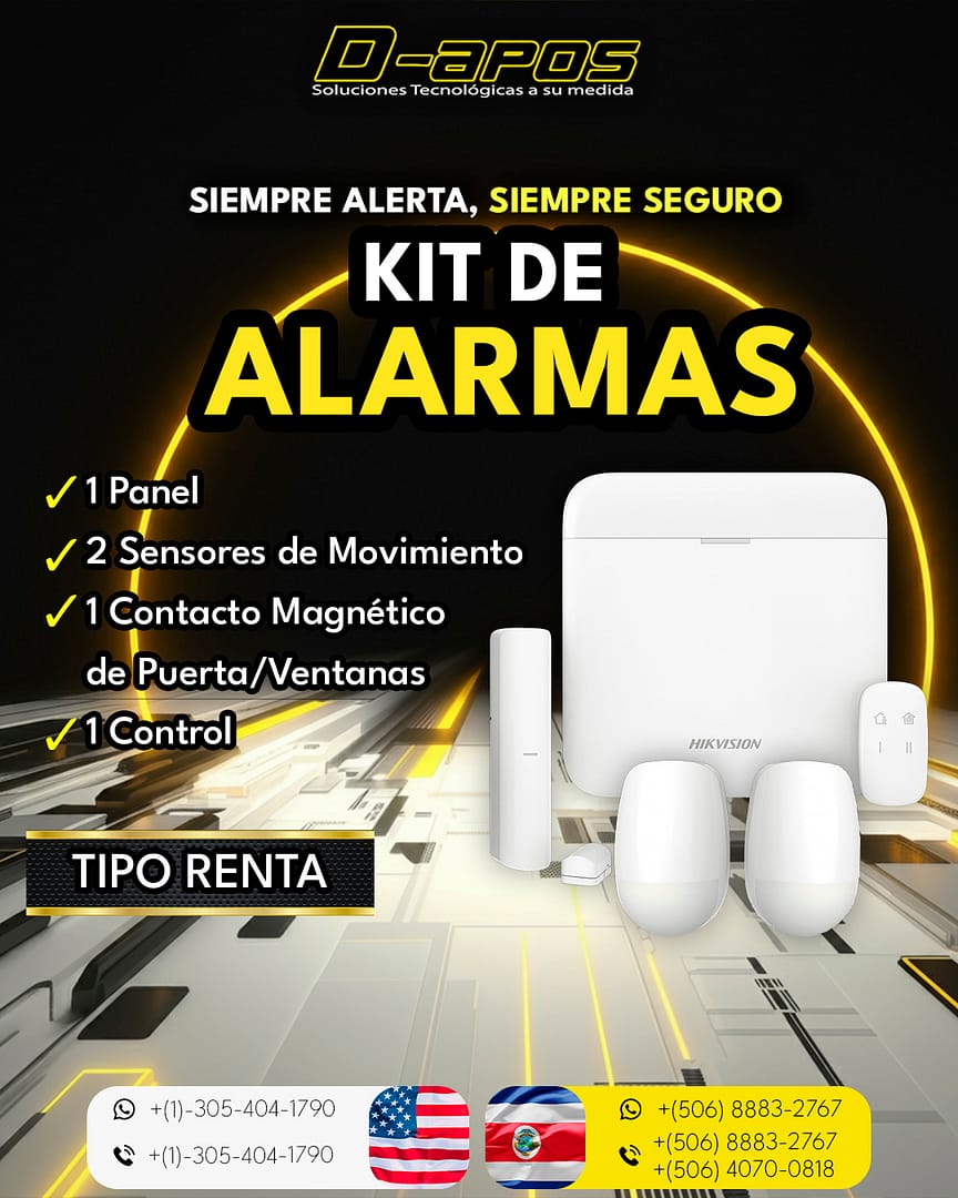 Kit de alarmas Hikvision con panel, sensores de movimiento y contacto magnético